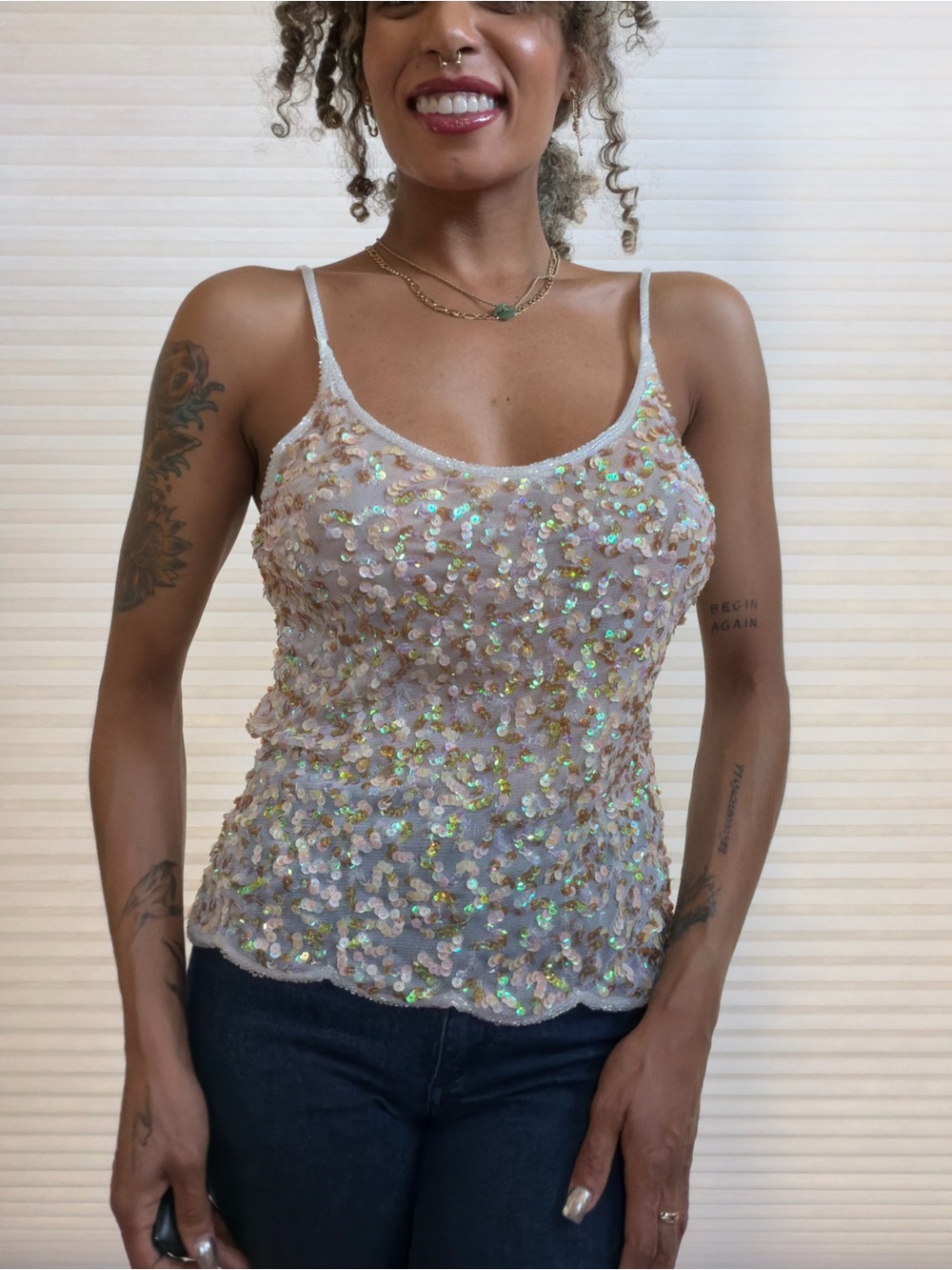 Y2K Lulumari Iridescent Sequin Mesh Cami | Beaded Fairycore Party Tank Top